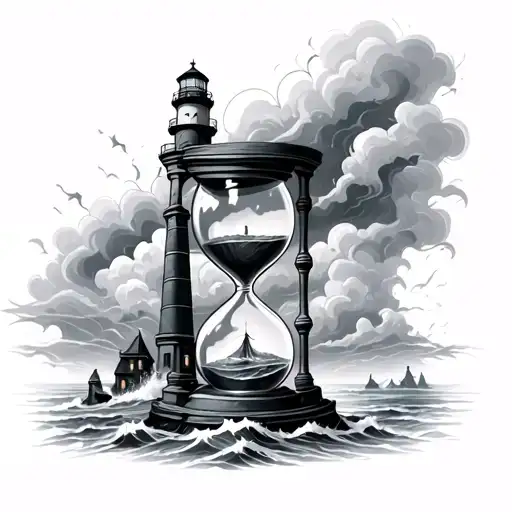 Hourglass With Lighthouse Going Through Storm In Background