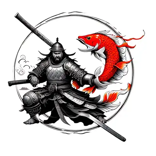 Samurai In Armor With A Katana And Red Carp