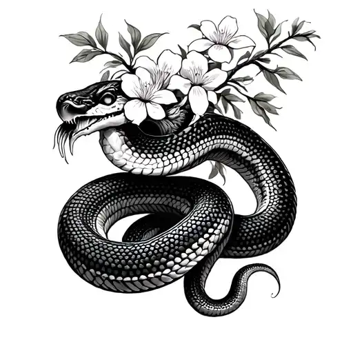 Snake Coiled Around Tree Flowers Biting Its Tail