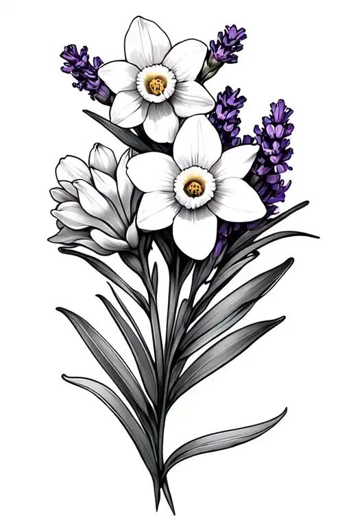 Lavender And Daffodil Flowers With Shading