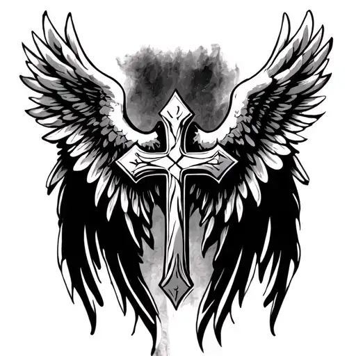 Cross Tattoo Design Featuring Angel Wings