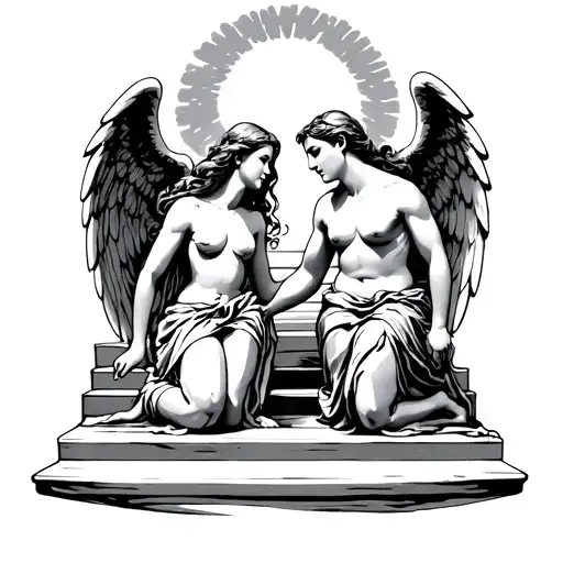 Male And Female Angels Kneeling At The Steps Of Hevan