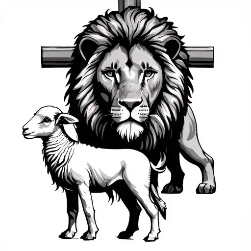 Lamb Next To A Lion With A Cross In Back Ground