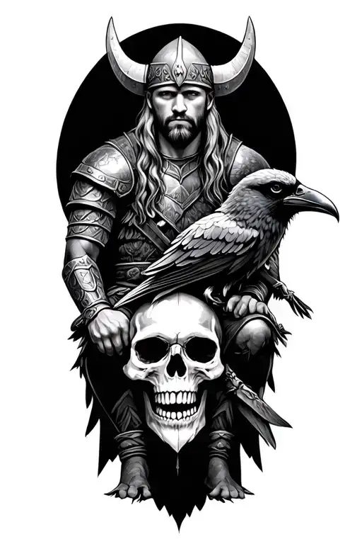 Viking Warrior With Skull Wearing And Raven Sitting