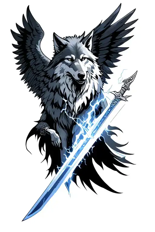 Wolf Angel With Sword Lightening