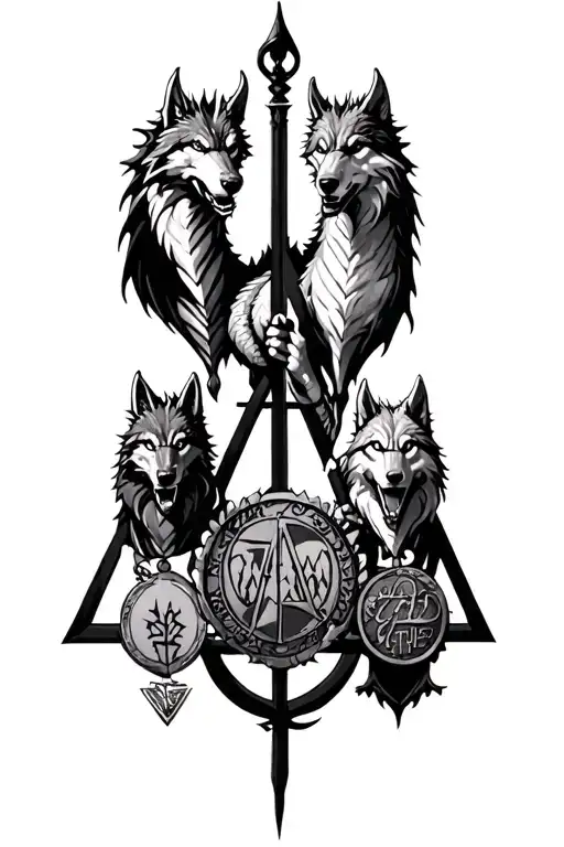 Harry Potter Deathly Hallows With Dragon And Wolf Holding Marathon Medals