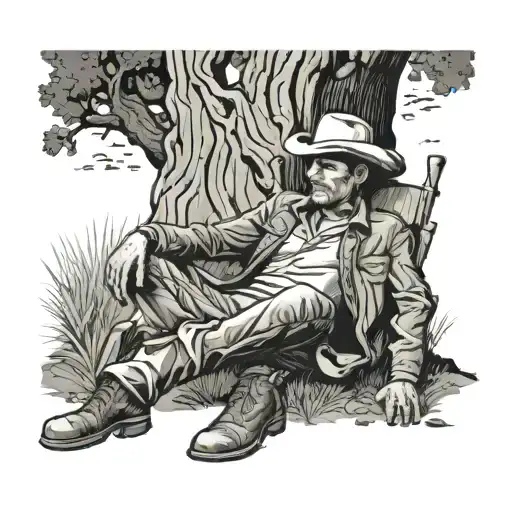 Cowboy Sleeping With His Legs Crossed Under A Tree And A Cigarete In His Mouth