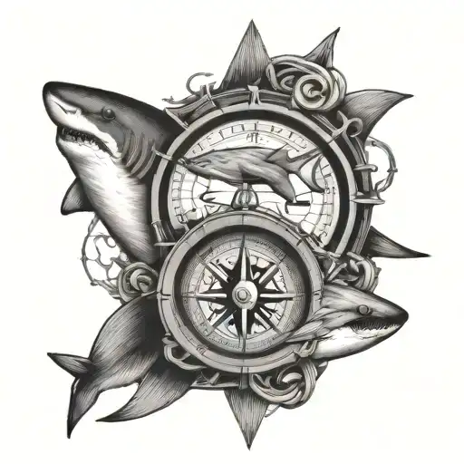 Nautical Compass With A Shark Swallowing The Compass