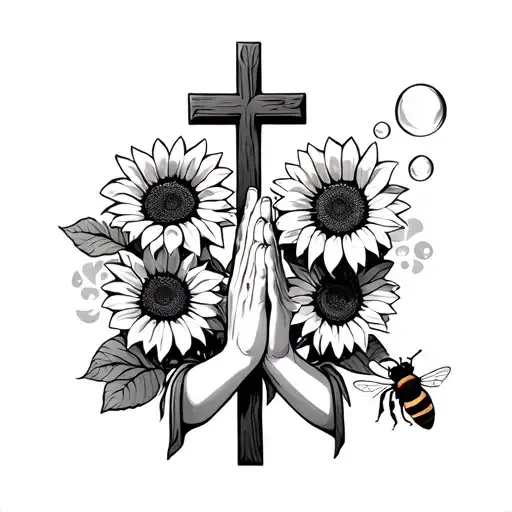 Cross Behind Praying Hands Surrounded With Two Sunflowers & A Bubble Bee