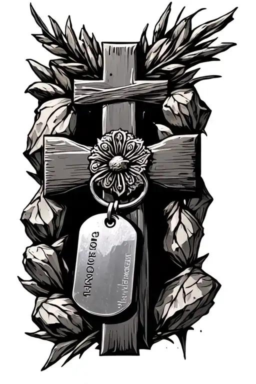 Dog Tags Hanging On Cross That Is In A Rock Inspired