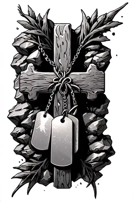 Dog Tags Hanging On Cross That Is In A Rock Inspired
