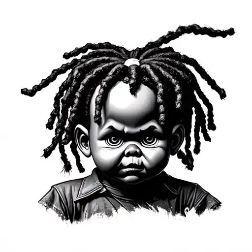 Black African American Chucky Doll With Dreads Tattoo Stencil