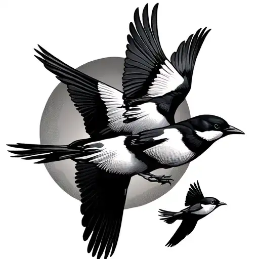 4 Small Magpies Flying Towards The Sun