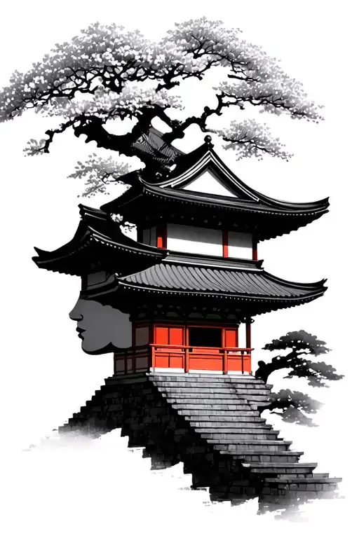 Japanese Temple In Profile With A Big Cherry Tree