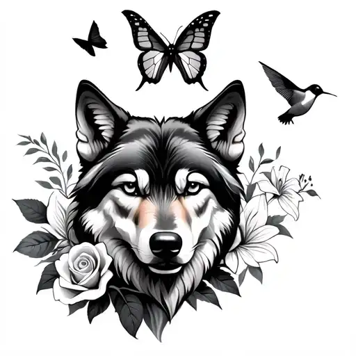 A Wolf With Roses And Lilies With A Butterfly And Hummingbird