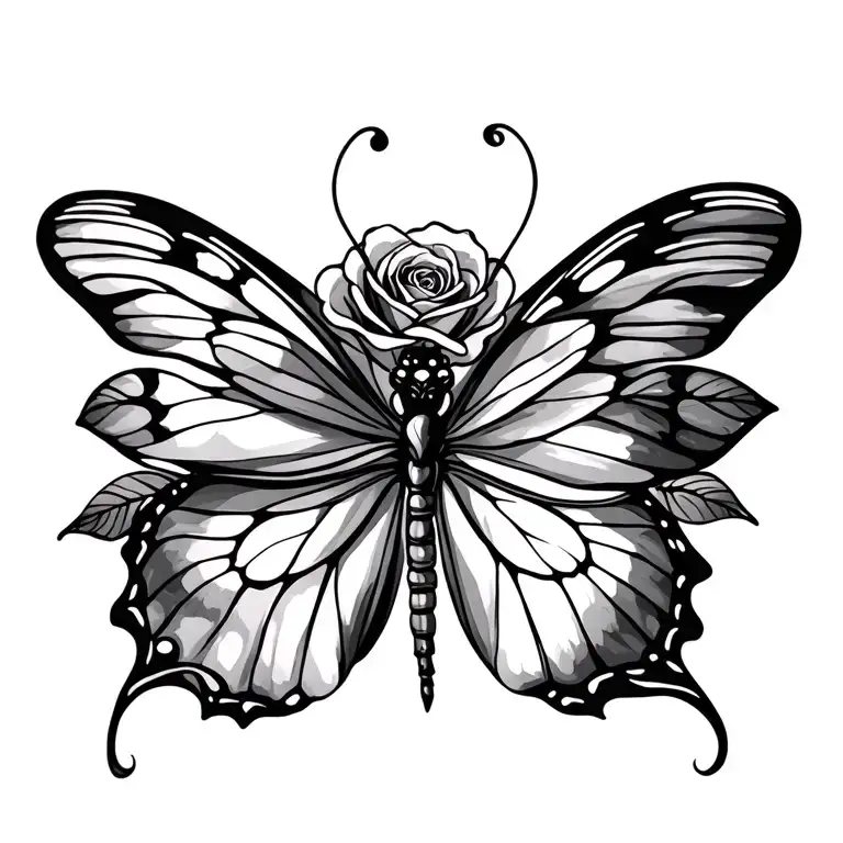 Butterfly Dragonfly Rose Intertwined