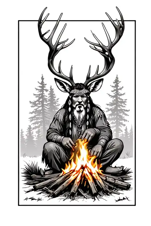 Native Americans Sitting Around Campfire Skinning Deer