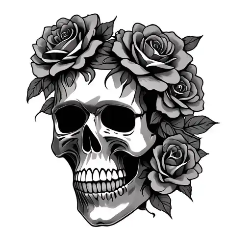Skull And Roses Japenese Mask Color Infused Black And Grey