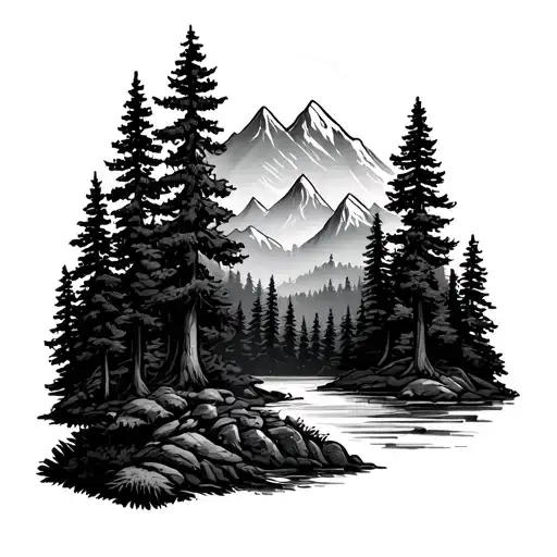 Nature-inspired Tattoo Design Featuring A Forest And Mountains