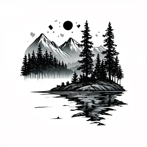 Nature-inspired Tattoo Design Featuring A Forest And Mountains In The Style Of Fine Line