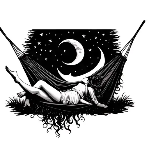 Girl Lying On A Hammock With Hair Down Watching The Crescent Moon