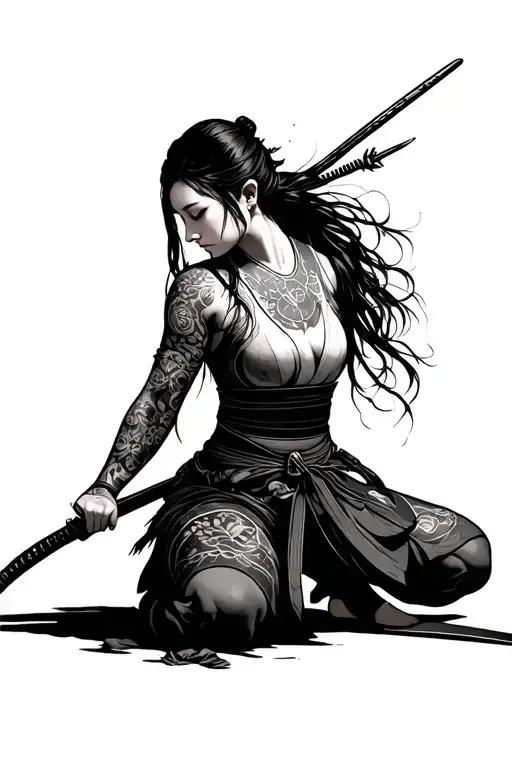 Samurai Woman Kneeling From A Battle With Her Hair Down