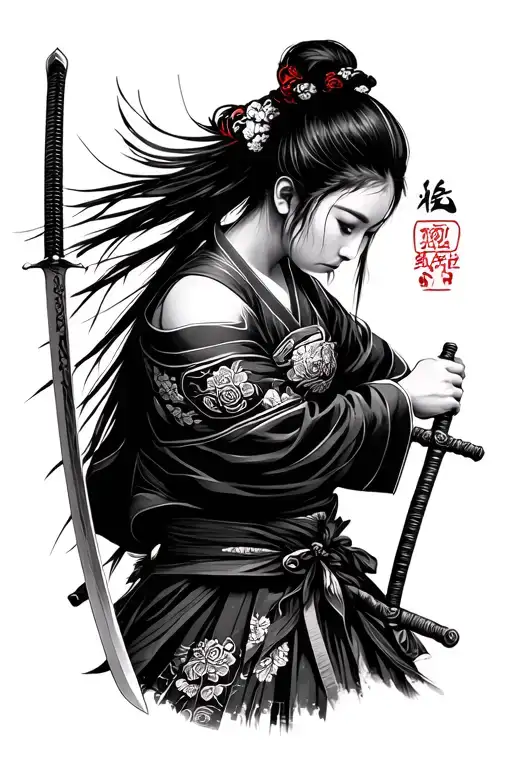 Portrait Of A Samurai Woman Bowing To The Sword