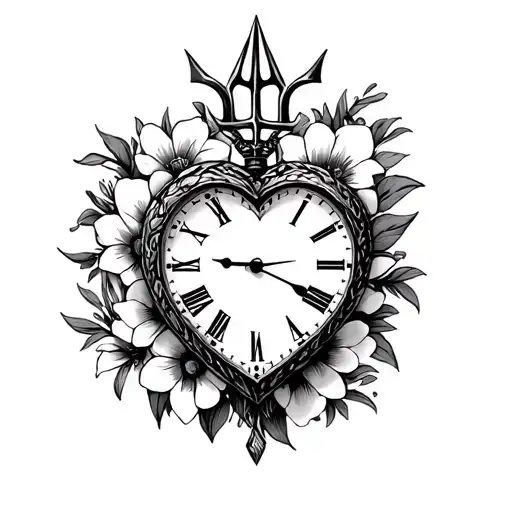 Heart Shaped Clock With Barbados Trident And Flowers Surrounding