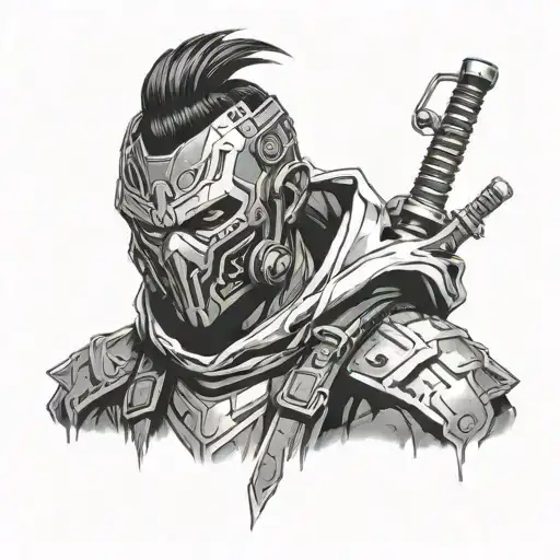 A Black-grey Portrait Of A Character From Cyber Punk Edge Runners With An Oni Mask Overlay