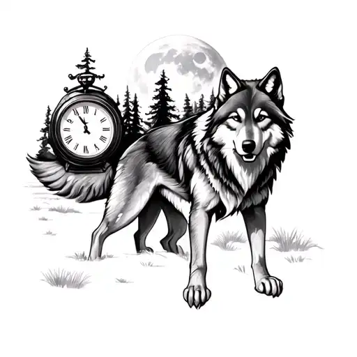 Wolf In Nature With A Clock And The Moon