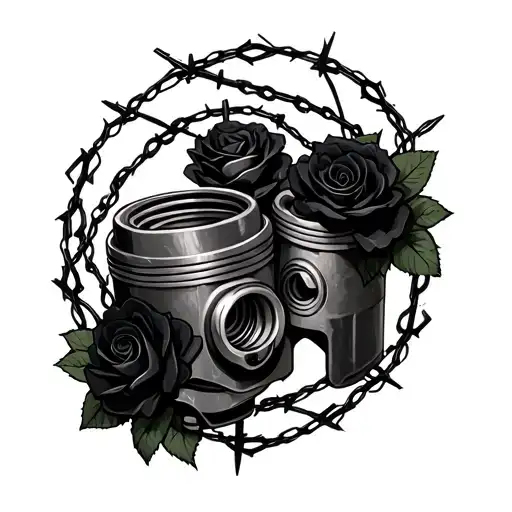 Rusty Pistons With Razor Wire And Black Roses Around Them