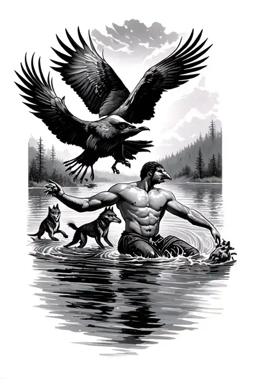 Man Drowning In River Running Raven Sitting On His Hand Coyotes Running After The Raven
