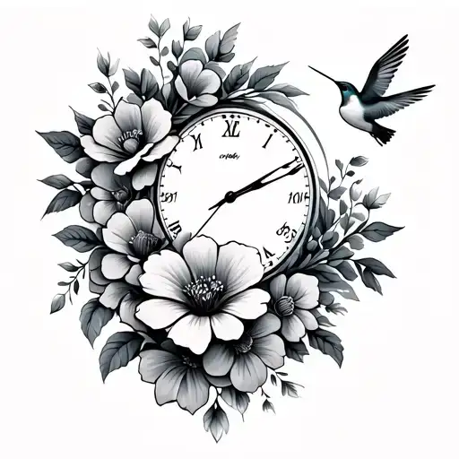 Time Date Tattoo With Flowers And Humming Birds Flying Away