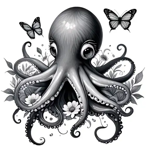 Octopus With Flowers And Butterflies