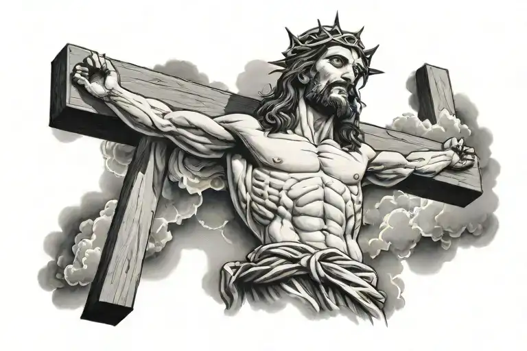 Upper Half Of Jesus On The Cross With Clouds Surrounding