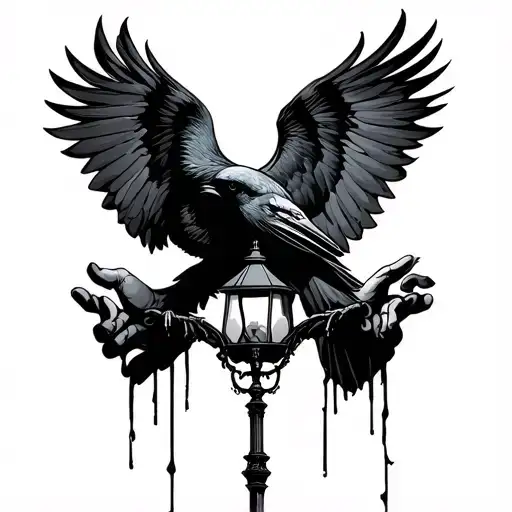Crow Flying Into Death's Hands With A Lamppost