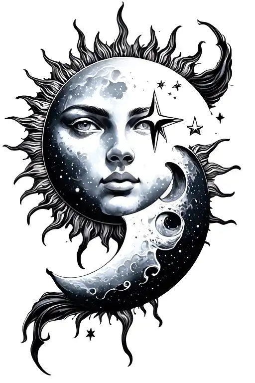 Sun And Moon With Two Stars Shining