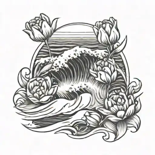 Waves Crashing Against A Rocky Shore Adorned With Beautiful Tulips