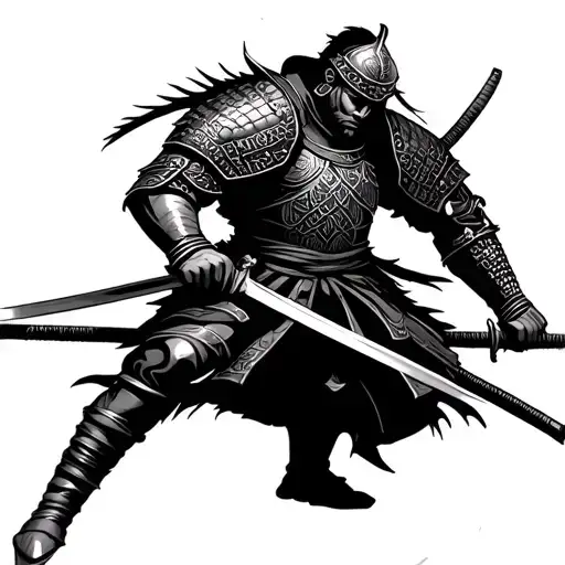 Samurai In Armor Wielding His Swords