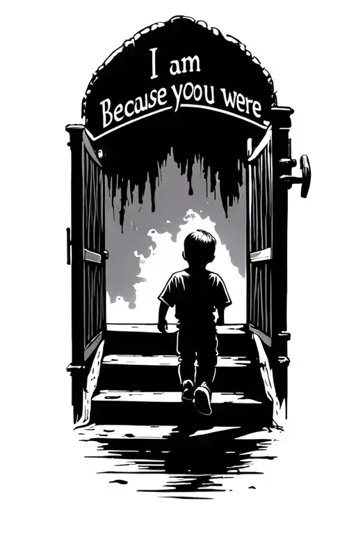 Little Boy Walking Up A Staircase To Open Gate And Saying I Am Because You Were