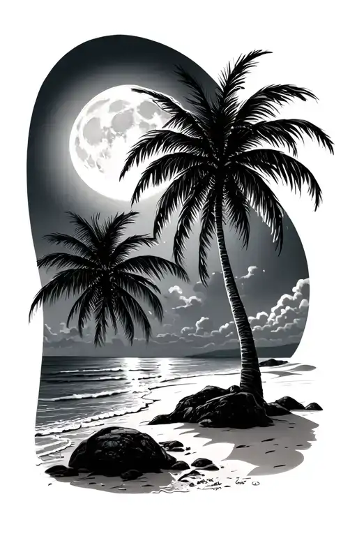Night Beach Scene With Palm Trees And A Full Moon