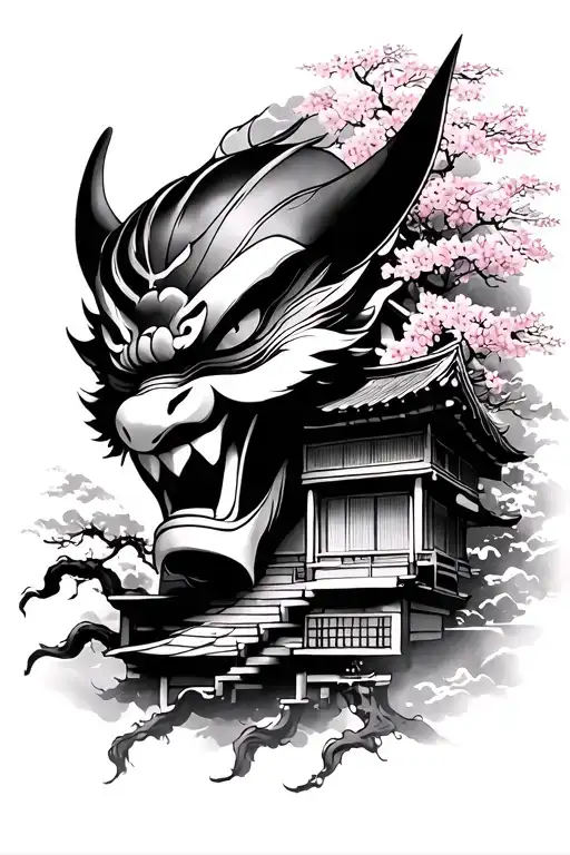 Oni Mask With Japan House With Sakura Tree Sleeve