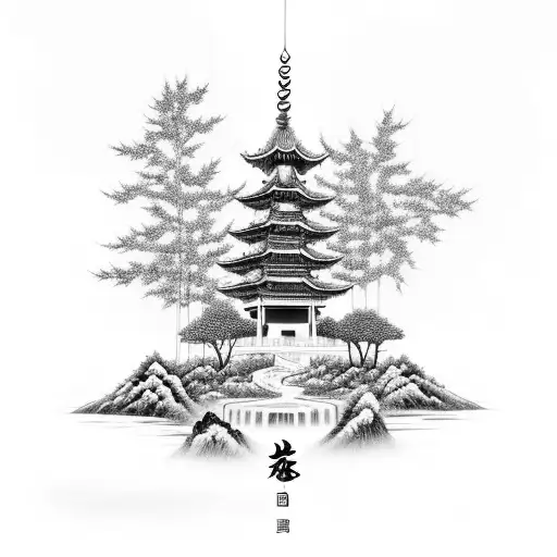 Forest With Chinese Temple And Moon With Rays Of Light