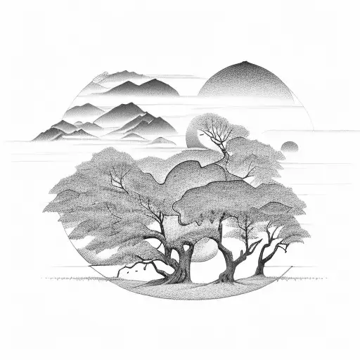 Hillside Forest With Chinese Ruins And Moon With Rays Of Light