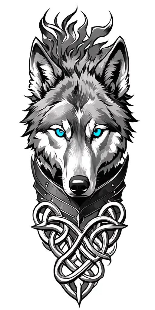 Wolf With Blue Eyes On Armor Tattoo Design Featuring Celtic Trinity Knot
