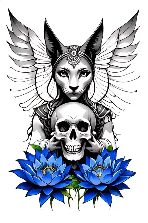 Bastet Goddess Holding A Skull In Her Hands With Blue Lotus Flowers