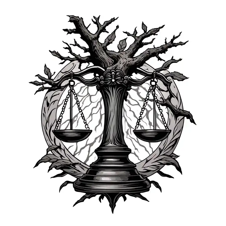 Scale Of Justice Incorporating A Tree Branch