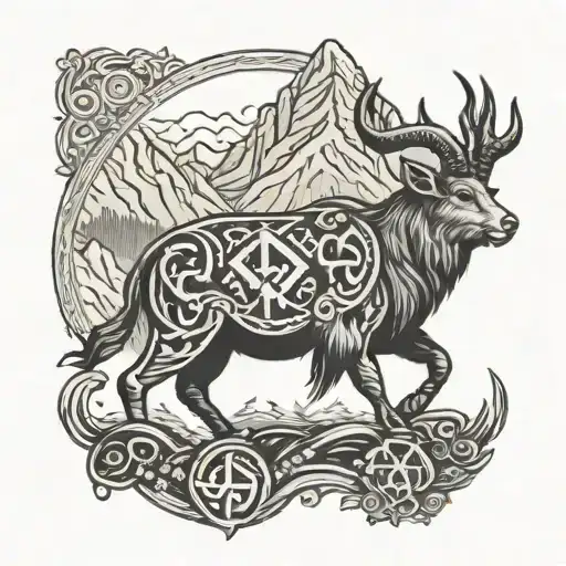 Steinbock With Mountain Peaks With Viking Runes As Border