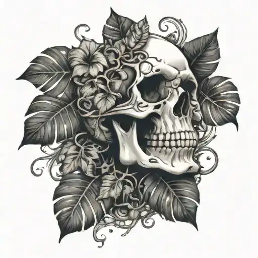 Skull With Vines And Monstera Leaves Growing Out Of It