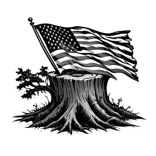 Tree Stump With American Flag Sprouting Out Of Tree Stump